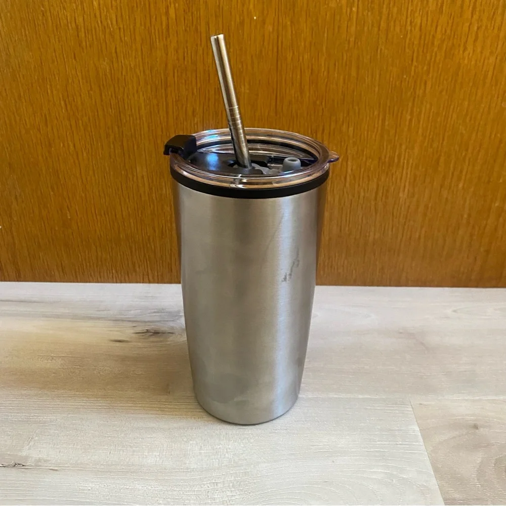 NEW! Hot Or Cold Metal Tumbler With Metal Straw - 20 Fl. Oz.